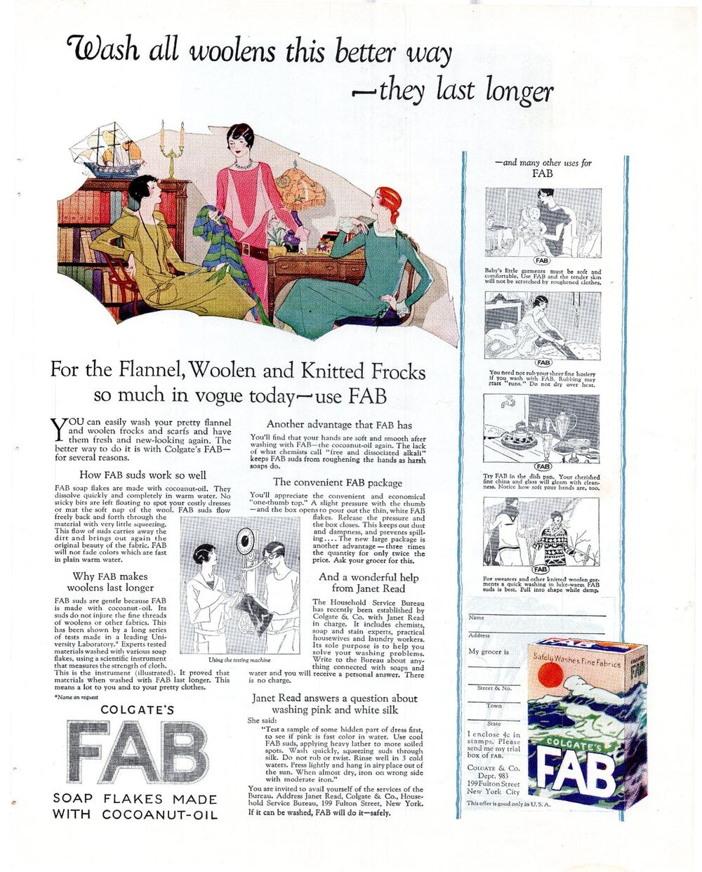 Colgate FAB Soap Flakes / Orinoka Draperies Advertisement 1925 Vtg Home Flapper